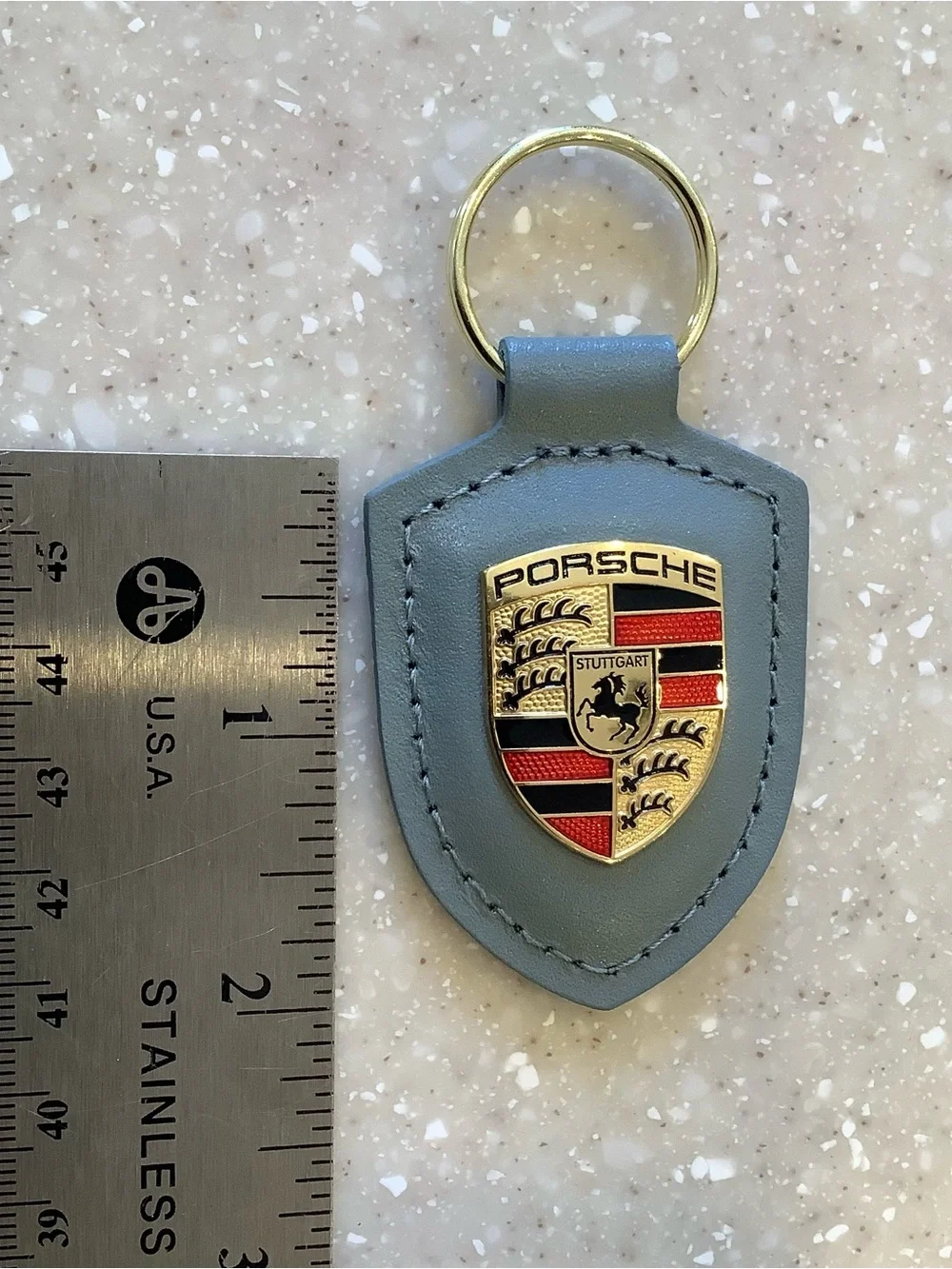 Porsche Design Green (looks blueish) Leather Shield Keyring with Crest Keychain